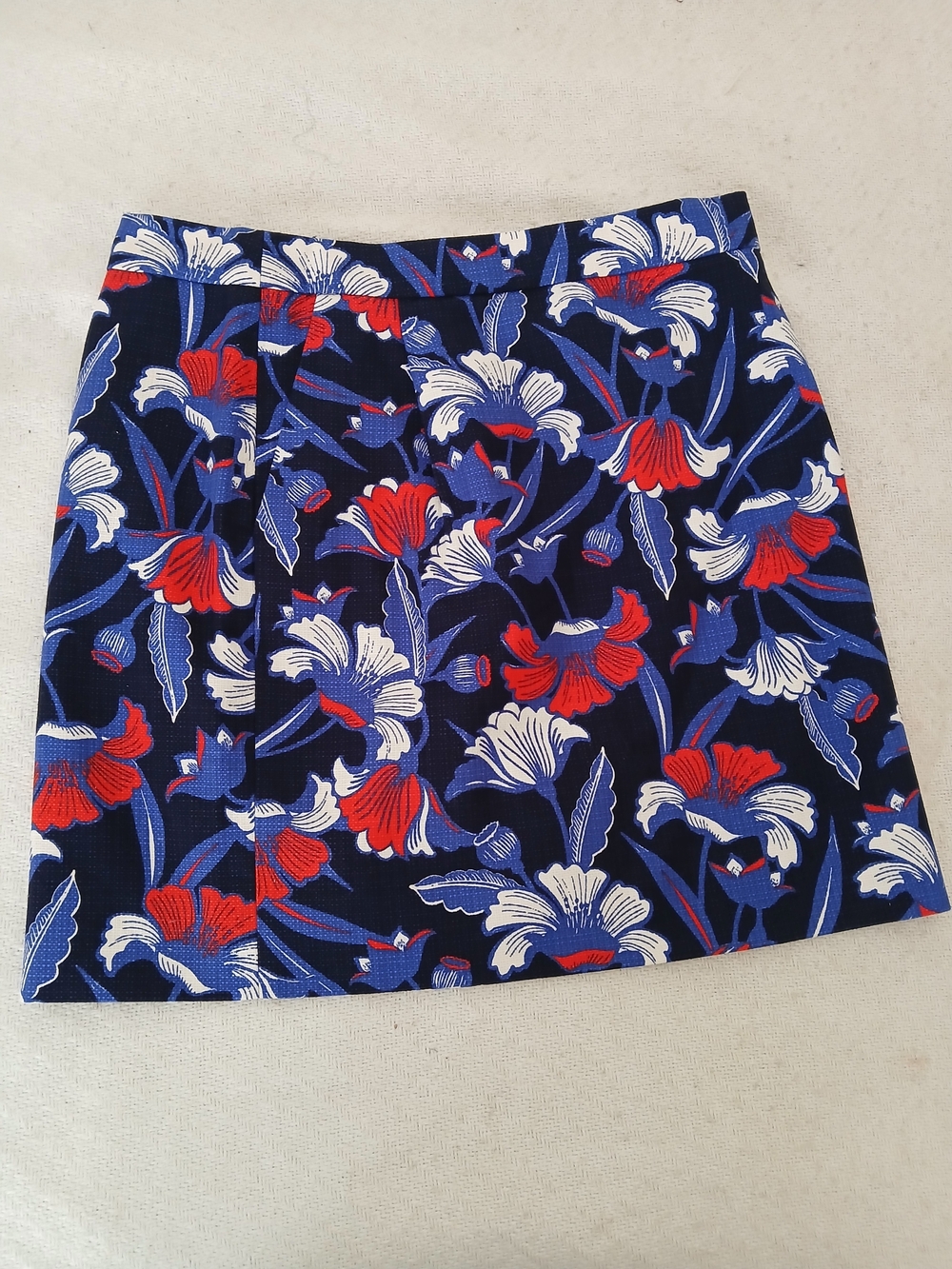 J. Crew Navy Floral Mini Skirt with Red & White Blooms